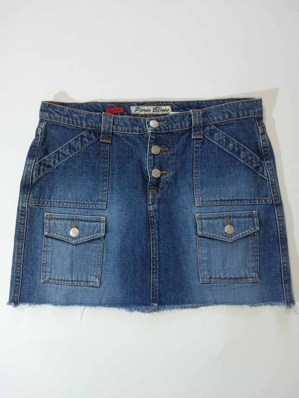 Vintage Y2K Paris Blues Soulmate Denim Mini Skirt Women 9 Flap Pocket Button Fly